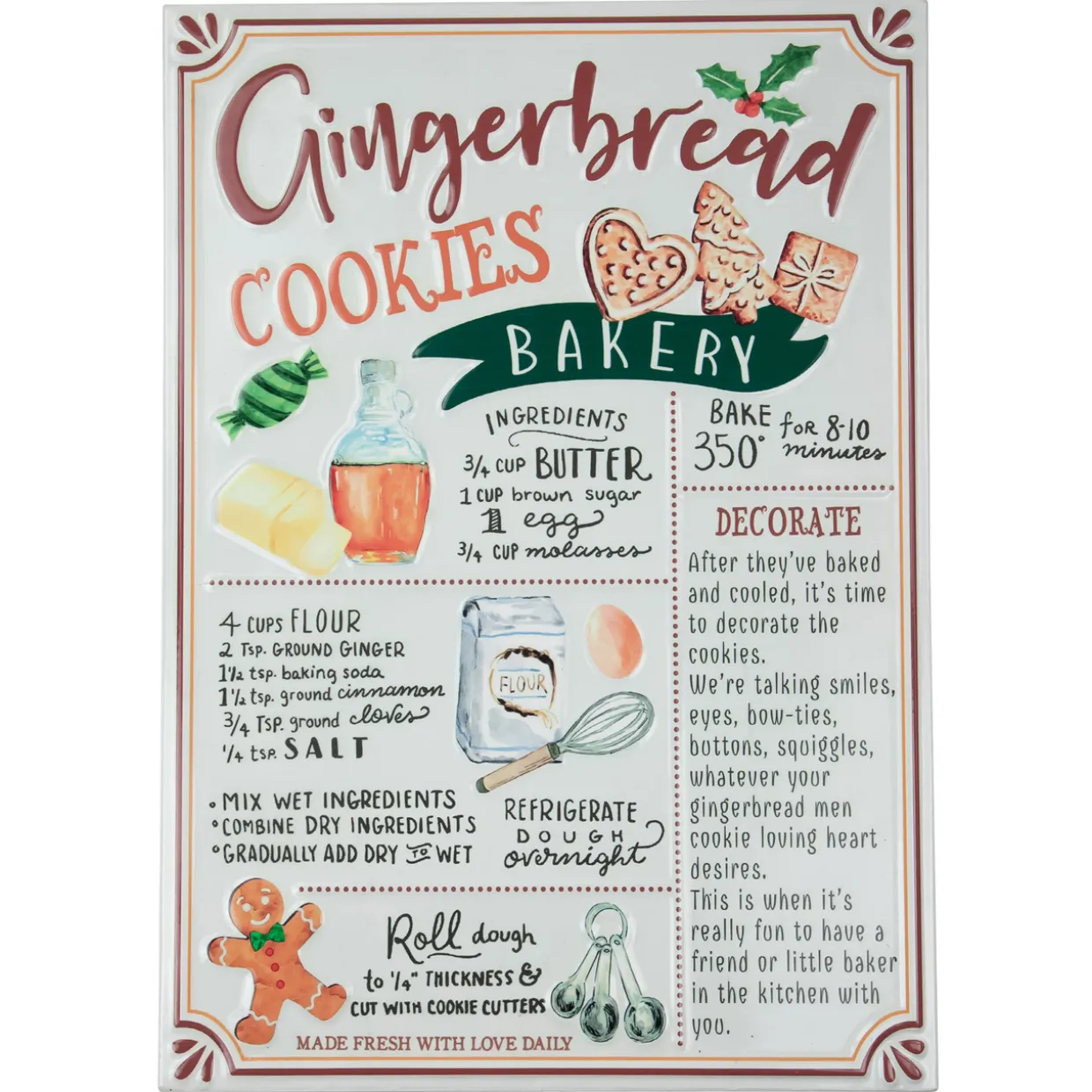17.25" Gingerbread Christmas Cookies Recipe Metal Wall Plaque Sign