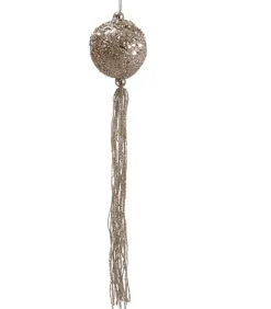 12" Glitter Pale Gold Christmas Drop Ball Ornament with Tassels