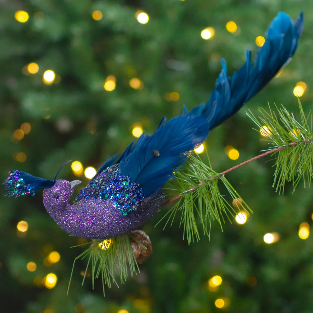 14.75" Glittered Blue and Green Peacock Christmas Clip-On Christmas Ornament