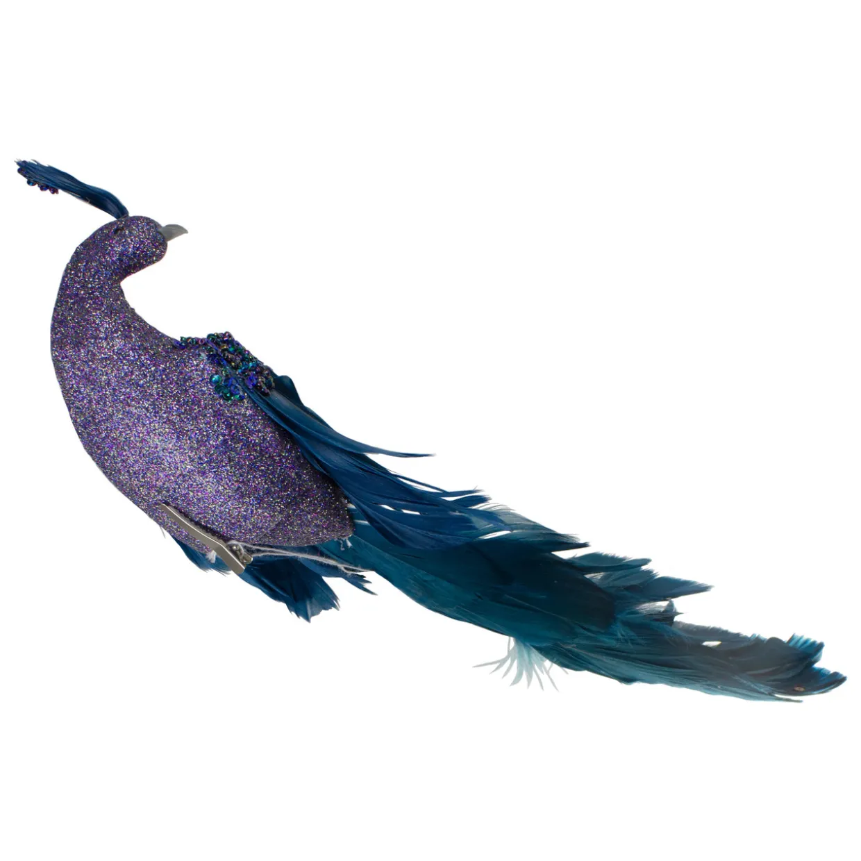 14.75" Glittered Blue and Green Peacock Christmas Clip-On Christmas Ornament