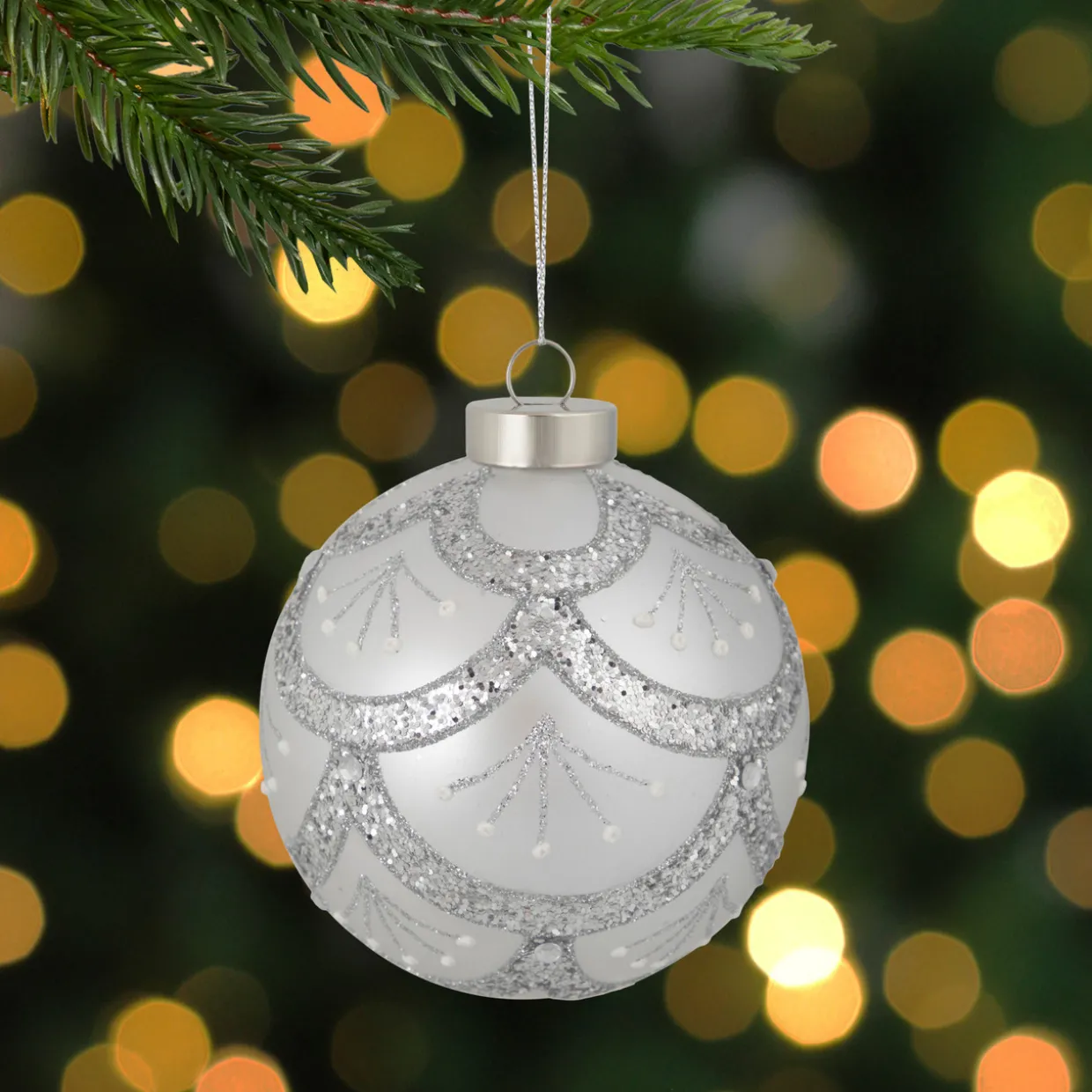 4" Glittered Cosmoid Silver Glass Christmas Ball Ornament
