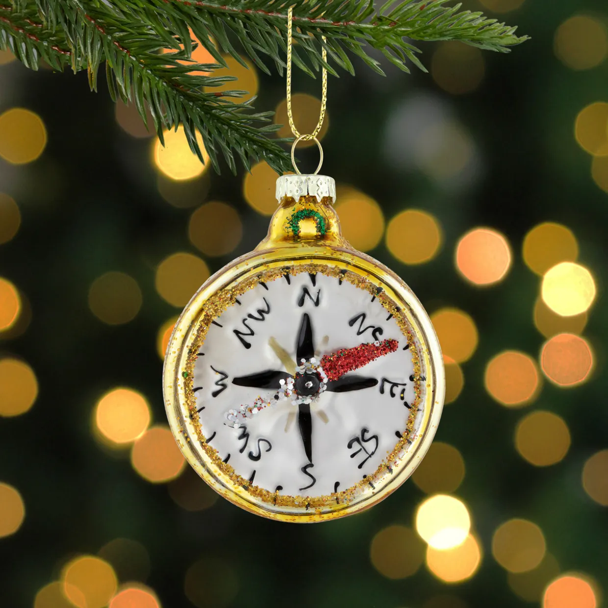 2.5" Glittered Gold Compass Glass Christmas Ornament