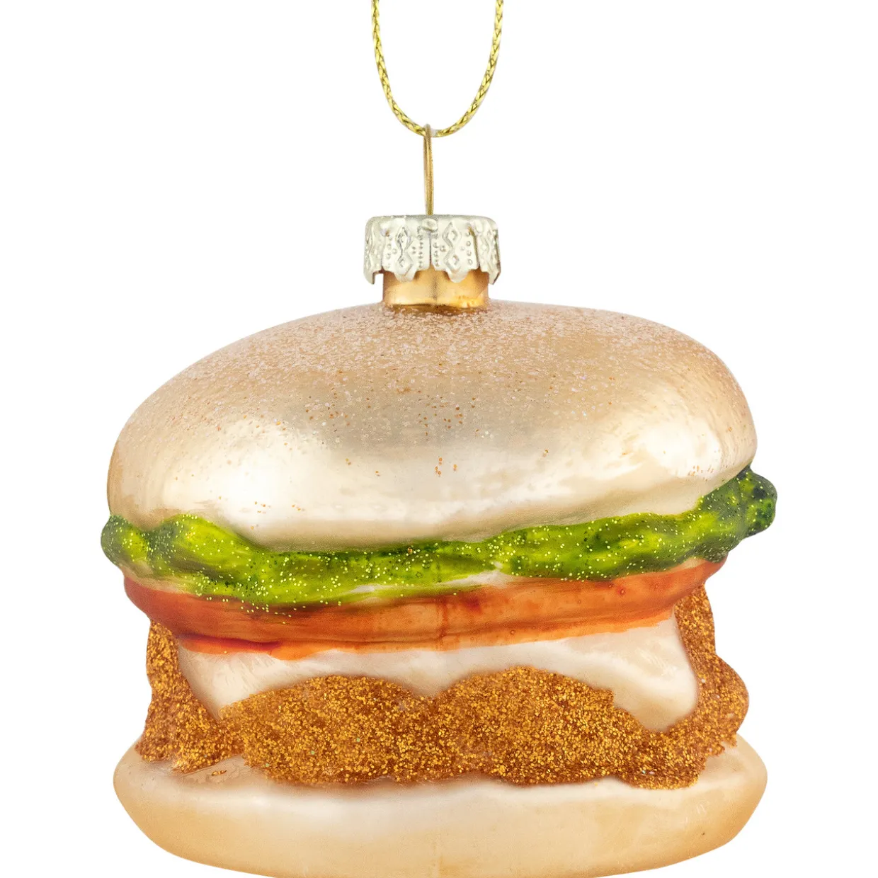 2.5" Glittered Golden Cheeseburger Glass Hanging Christmas Ornament
