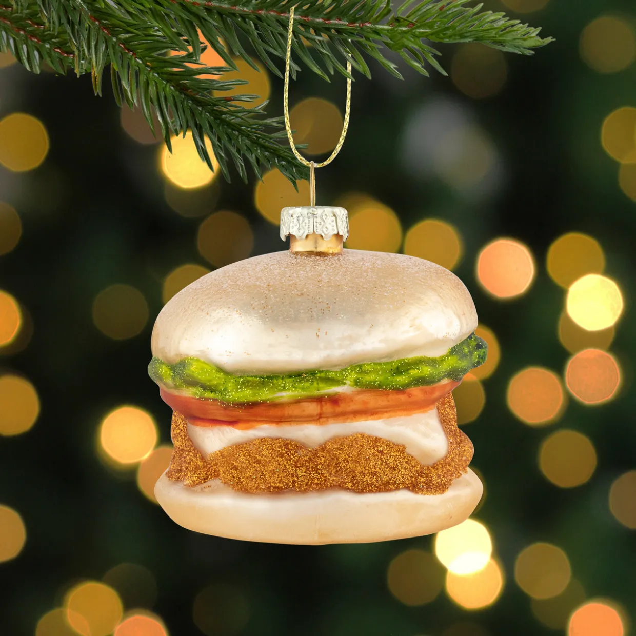 2.5" Glittered Golden Cheeseburger Glass Hanging Christmas Ornament