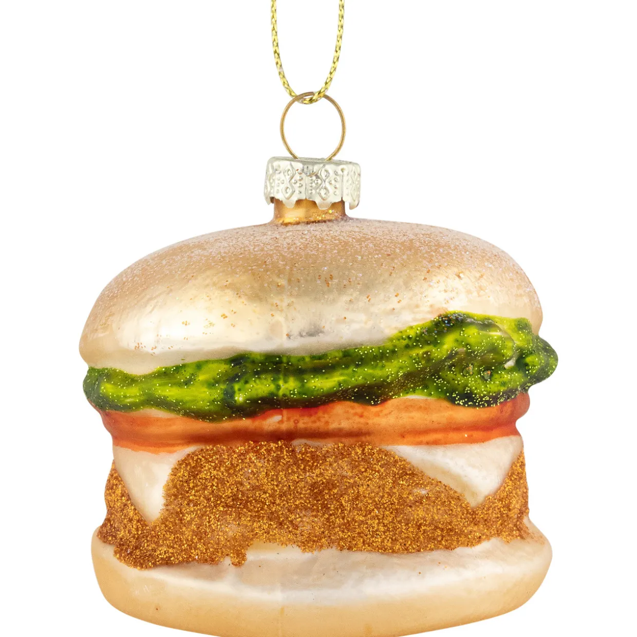 2.5" Glittered Golden Cheeseburger Glass Hanging Christmas Ornament
