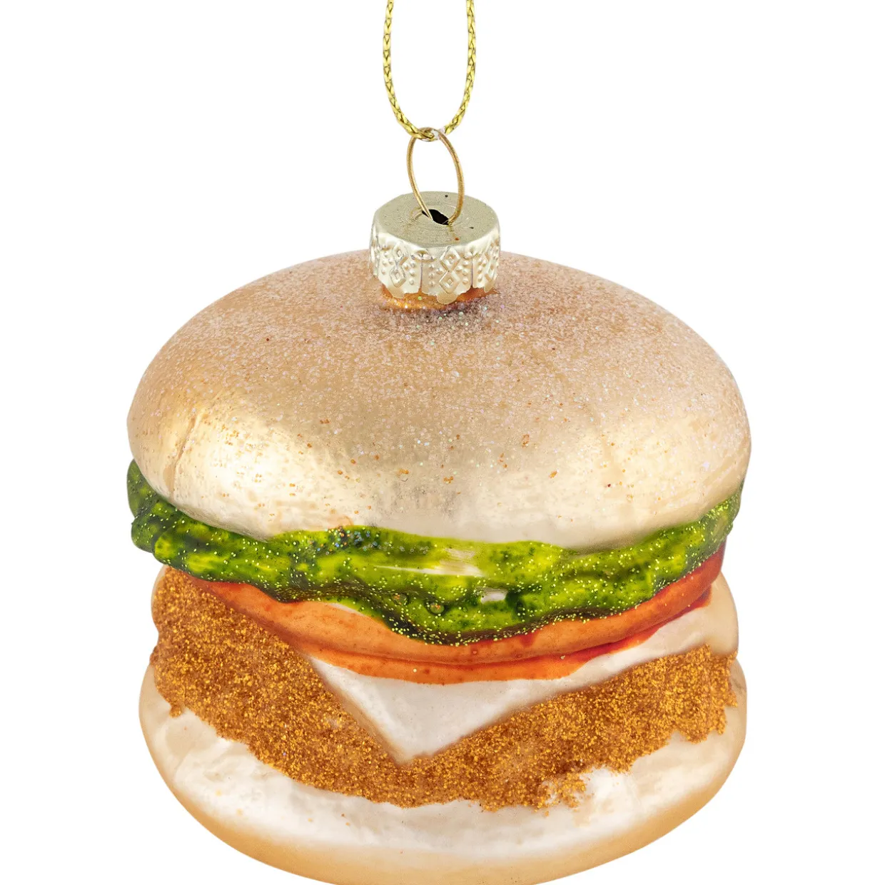 2.5" Glittered Golden Cheeseburger Glass Hanging Christmas Ornament