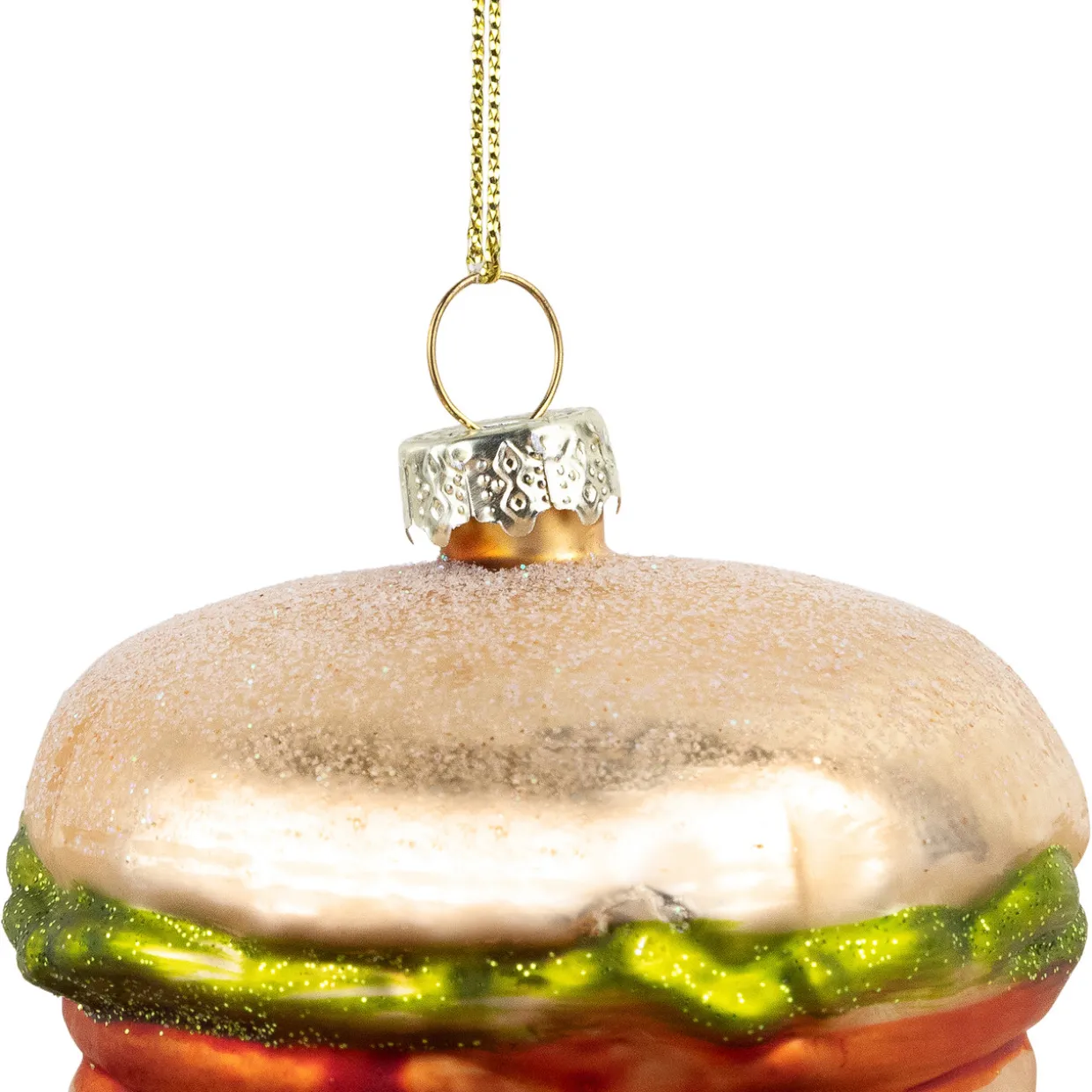 2.5" Glittered Golden Cheeseburger Glass Hanging Christmas Ornament