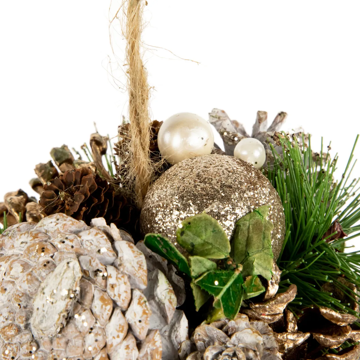 5.5" Glittered Pine Needle and Pinecone Hanging Christmas Ball Ornament
