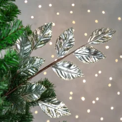 25" Glittered Platinum Leaves Christmas Spray