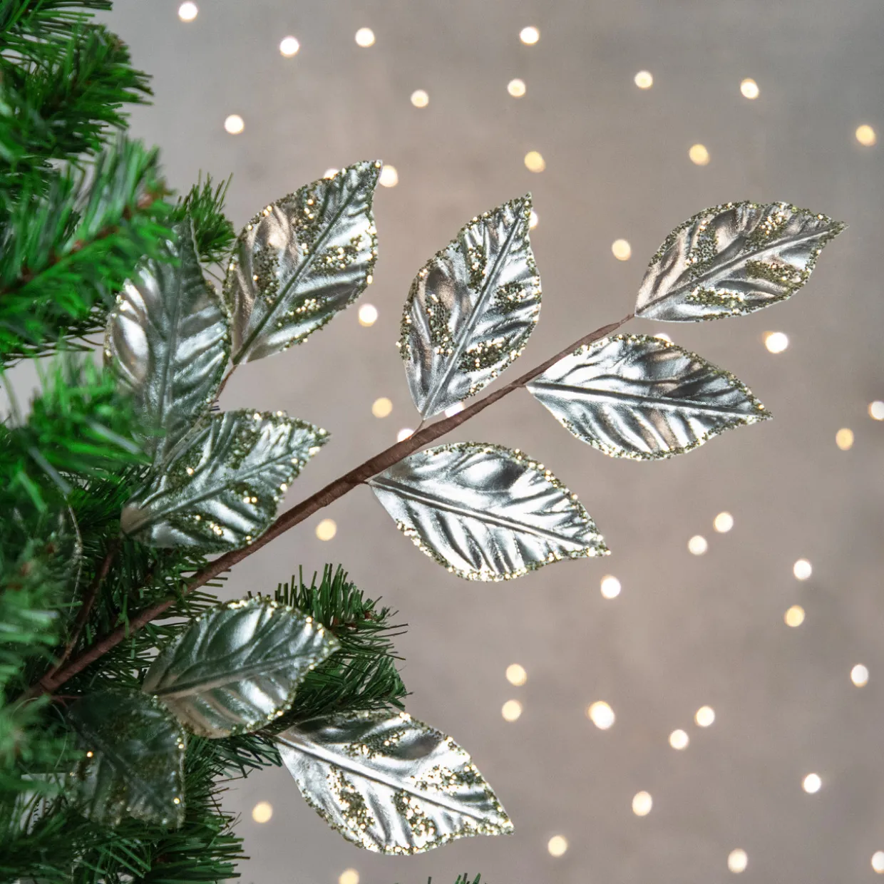 25" Glittered Platinum Leaves Christmas Spray