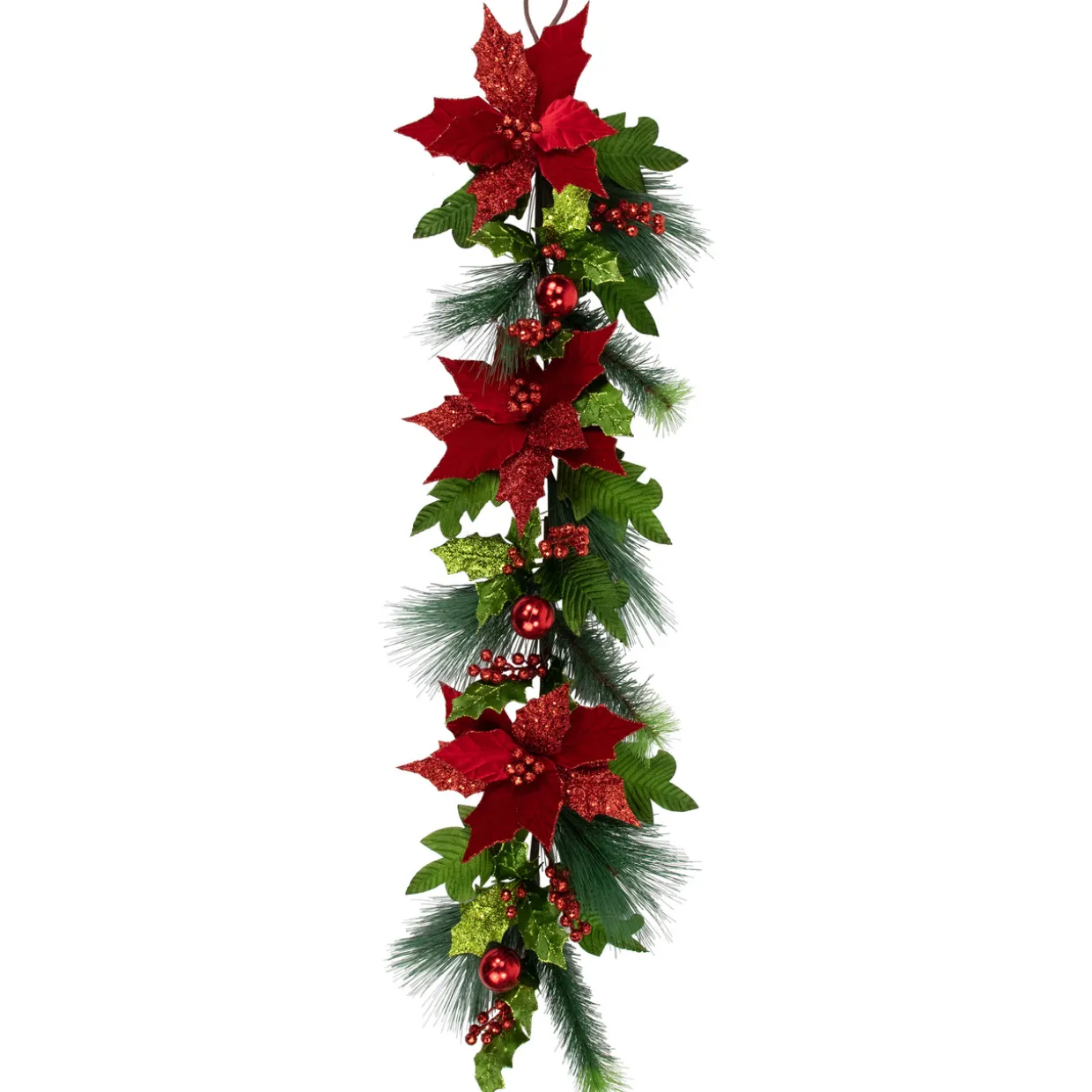 48" Glittered Red Poinsettia and Long Pine Christmas Swag, Unlit