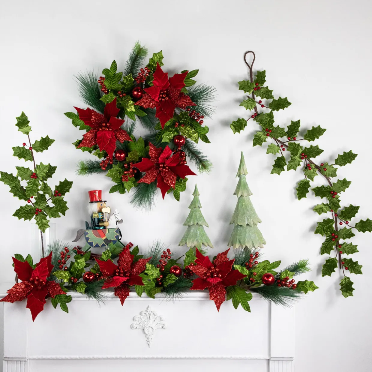 48" Glittered Red Poinsettia and Long Pine Christmas Swag, Unlit