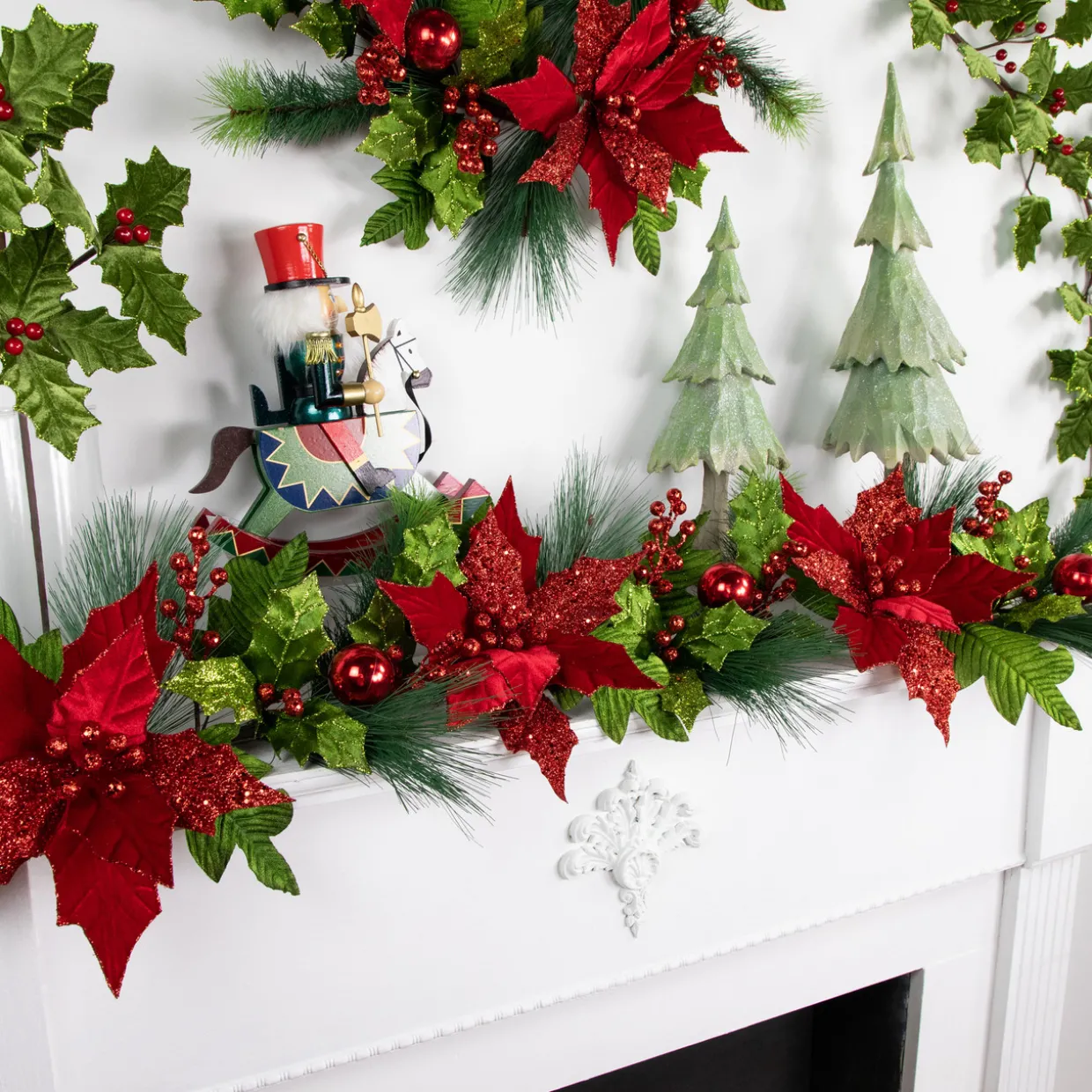 48" Glittered Red Poinsettia and Long Pine Christmas Swag, Unlit