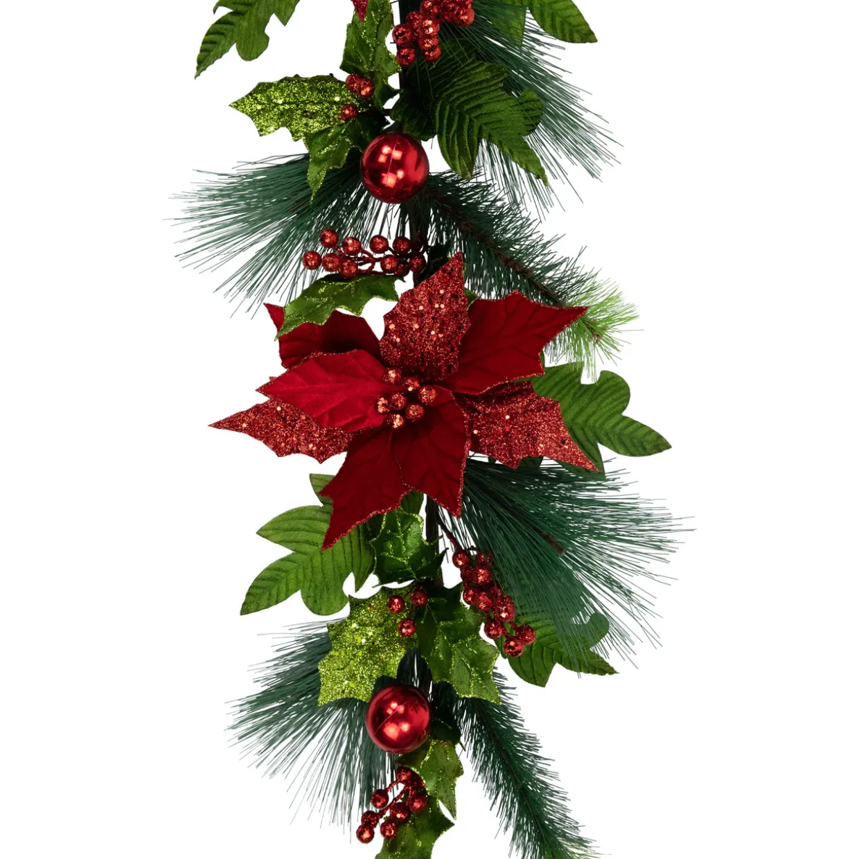 48" Glittered Red Poinsettia and Long Pine Christmas Swag, Unlit