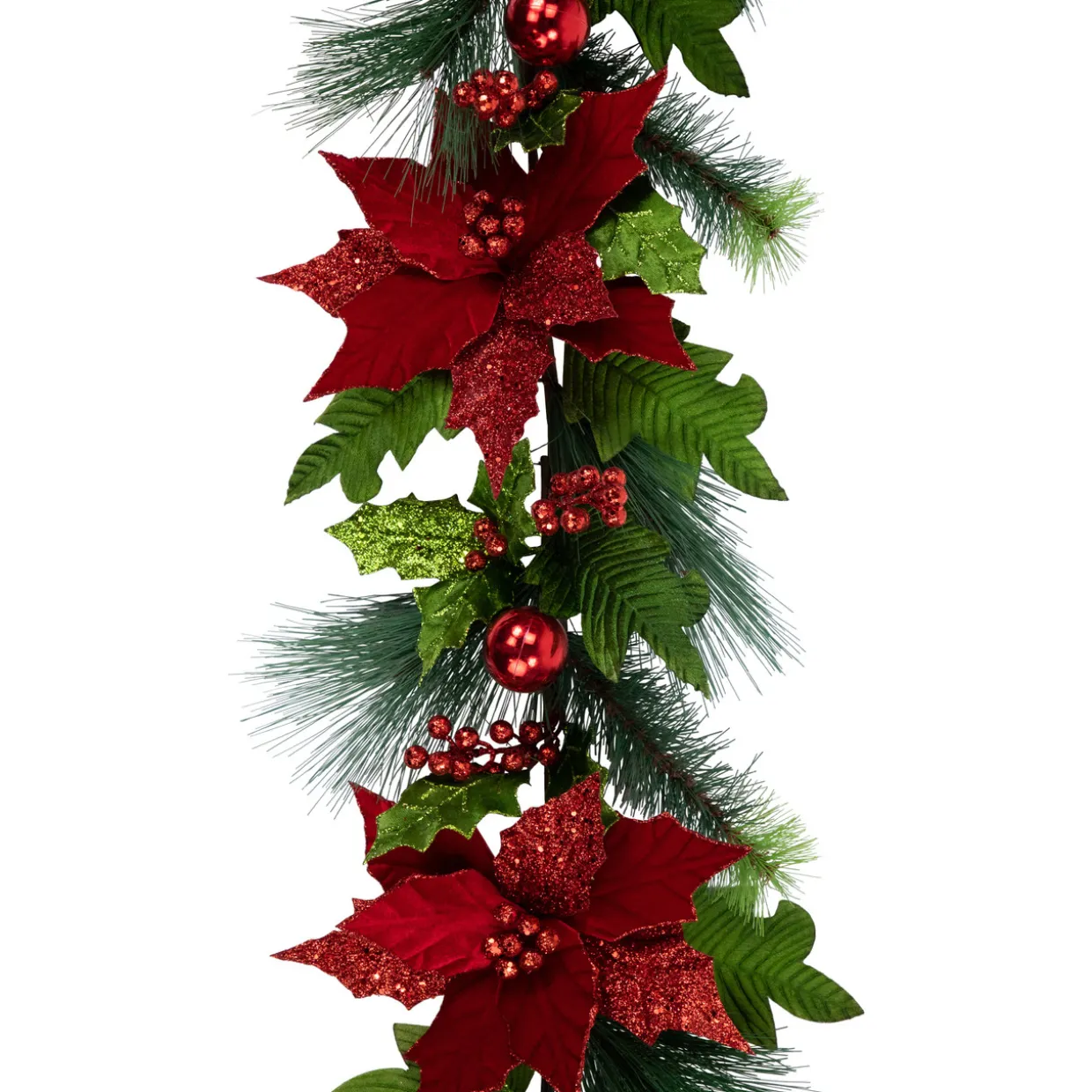 48" Glittered Red Poinsettia and Long Pine Christmas Swag, Unlit