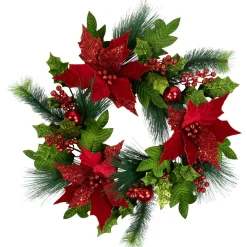 24" Glittered Red Poinsettia and Long Pine Christmas Wreath, Unlit