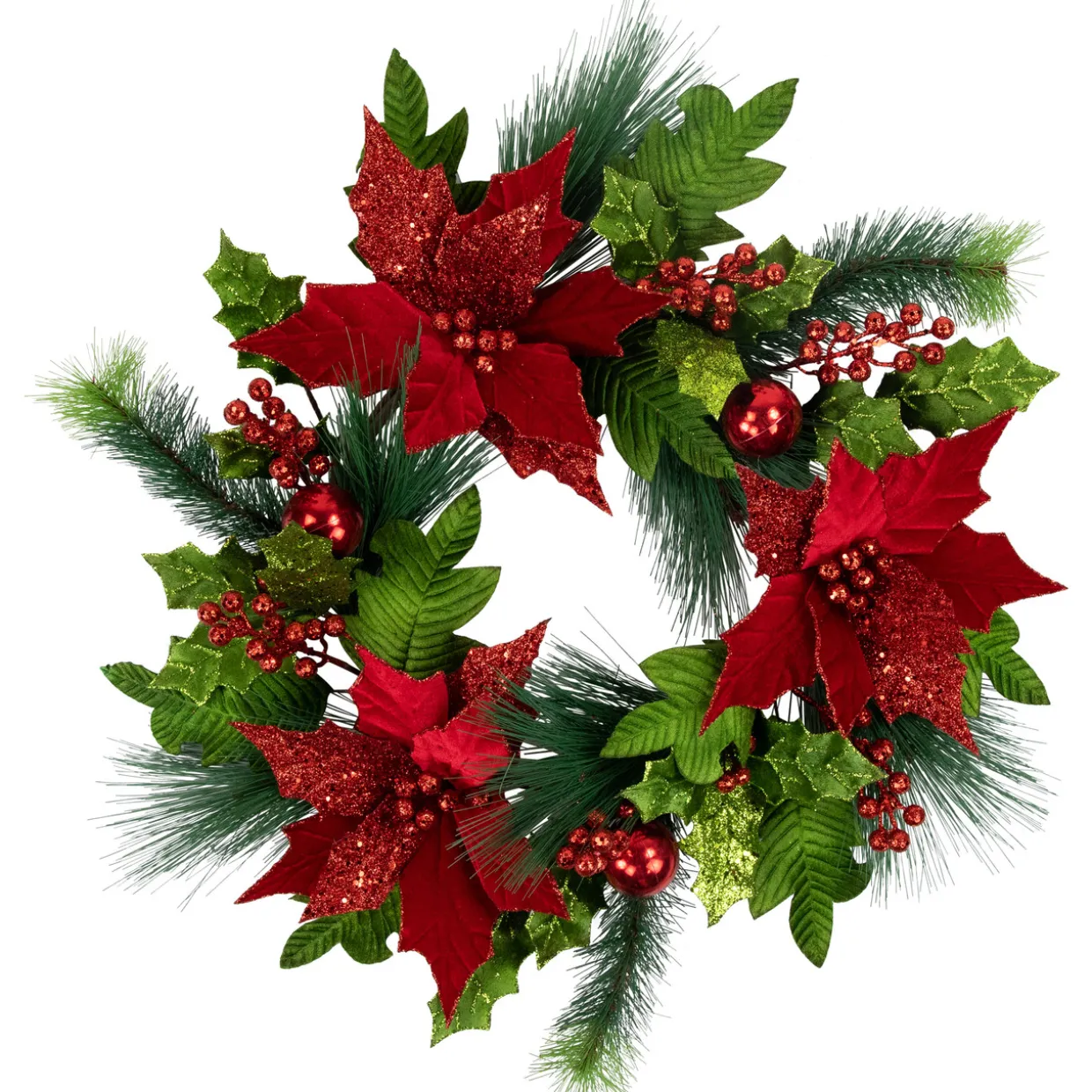 24" Glittered Red Poinsettia and Long Pine Christmas Wreath, Unlit