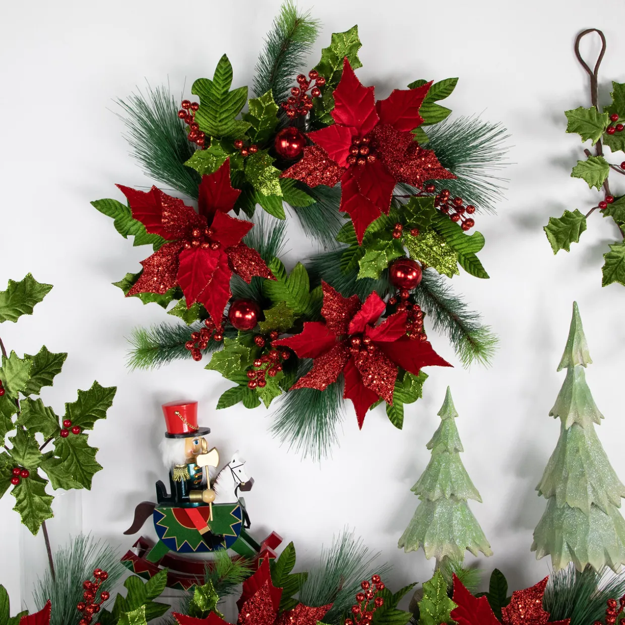 24" Glittered Red Poinsettia and Long Pine Christmas Wreath, Unlit