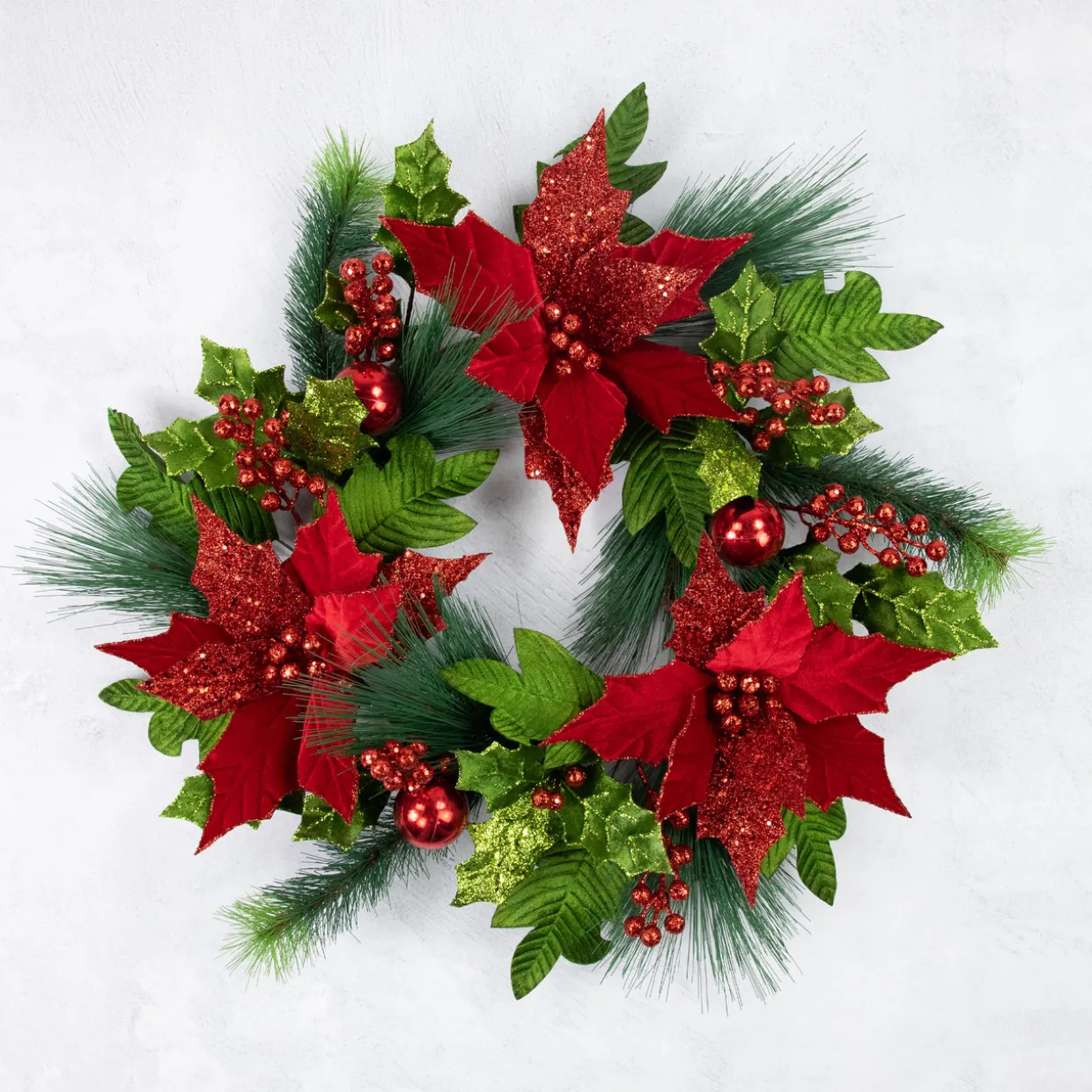 24" Glittered Red Poinsettia and Long Pine Christmas Wreath, Unlit