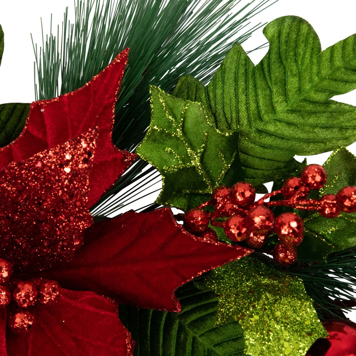 24" Glittered Red Poinsettia and Long Pine Christmas Wreath, Unlit