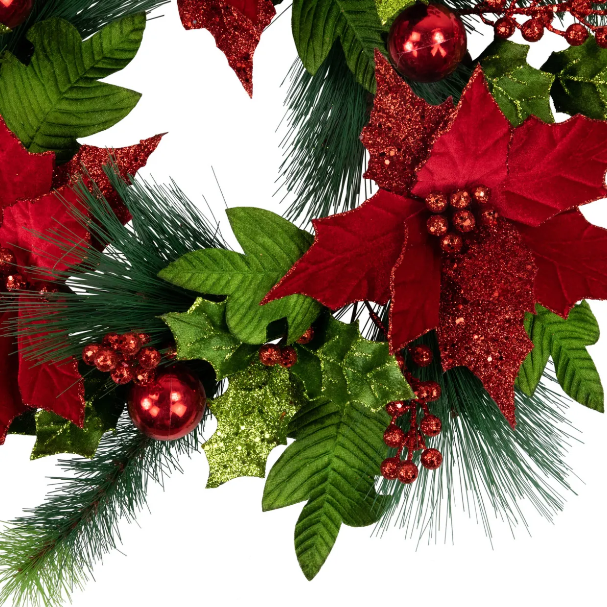 24" Glittered Red Poinsettia and Long Pine Christmas Wreath, Unlit