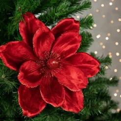 20" Glittered Red Velvet Magnolia Christmas Stem Spray