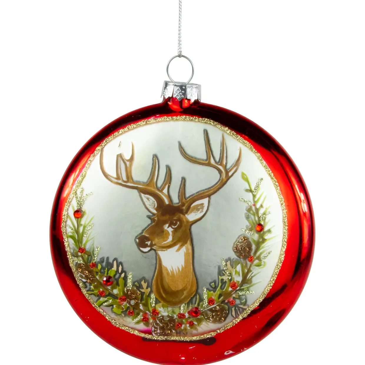 4" Glittered Reindeer Glass Christmas Disc Ornament