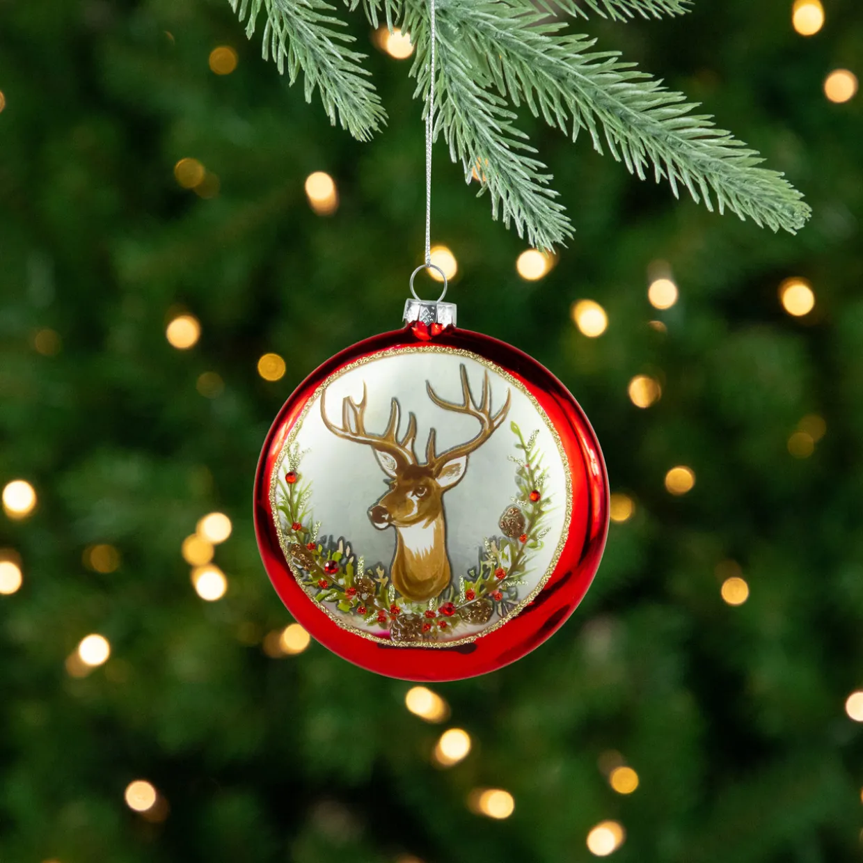 4" Glittered Reindeer Glass Christmas Disc Ornament