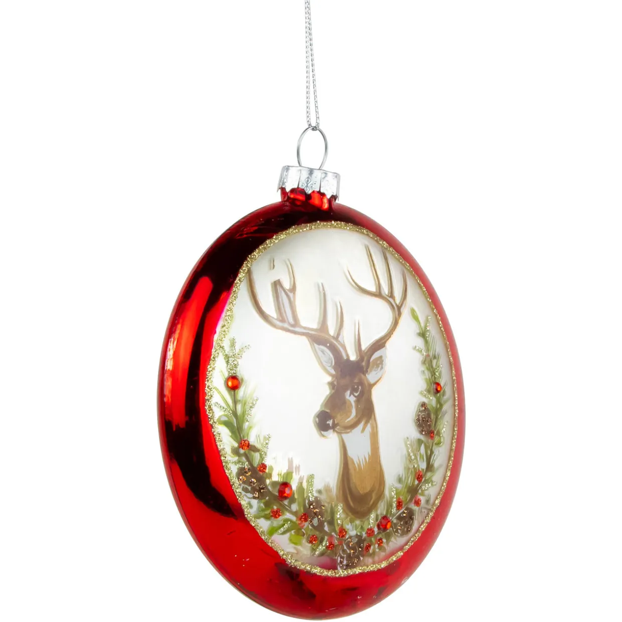 4" Glittered Reindeer Glass Christmas Disc Ornament