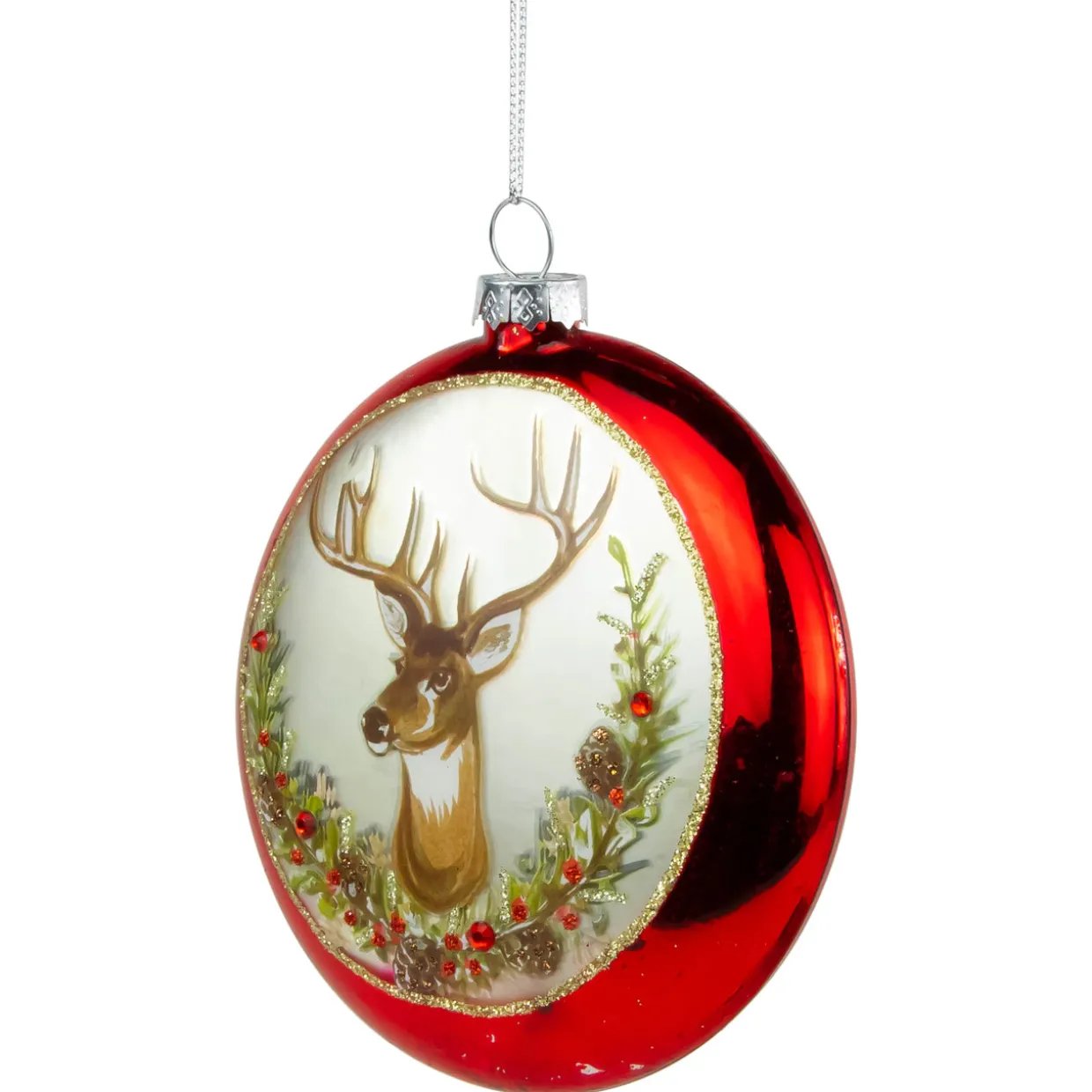 4" Glittered Reindeer Glass Christmas Disc Ornament