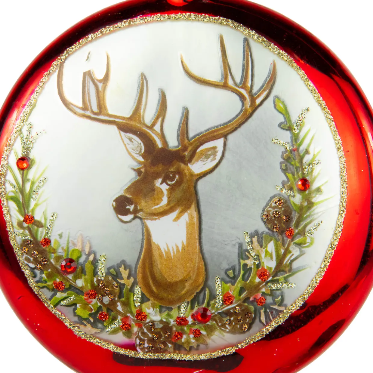 4" Glittered Reindeer Glass Christmas Disc Ornament