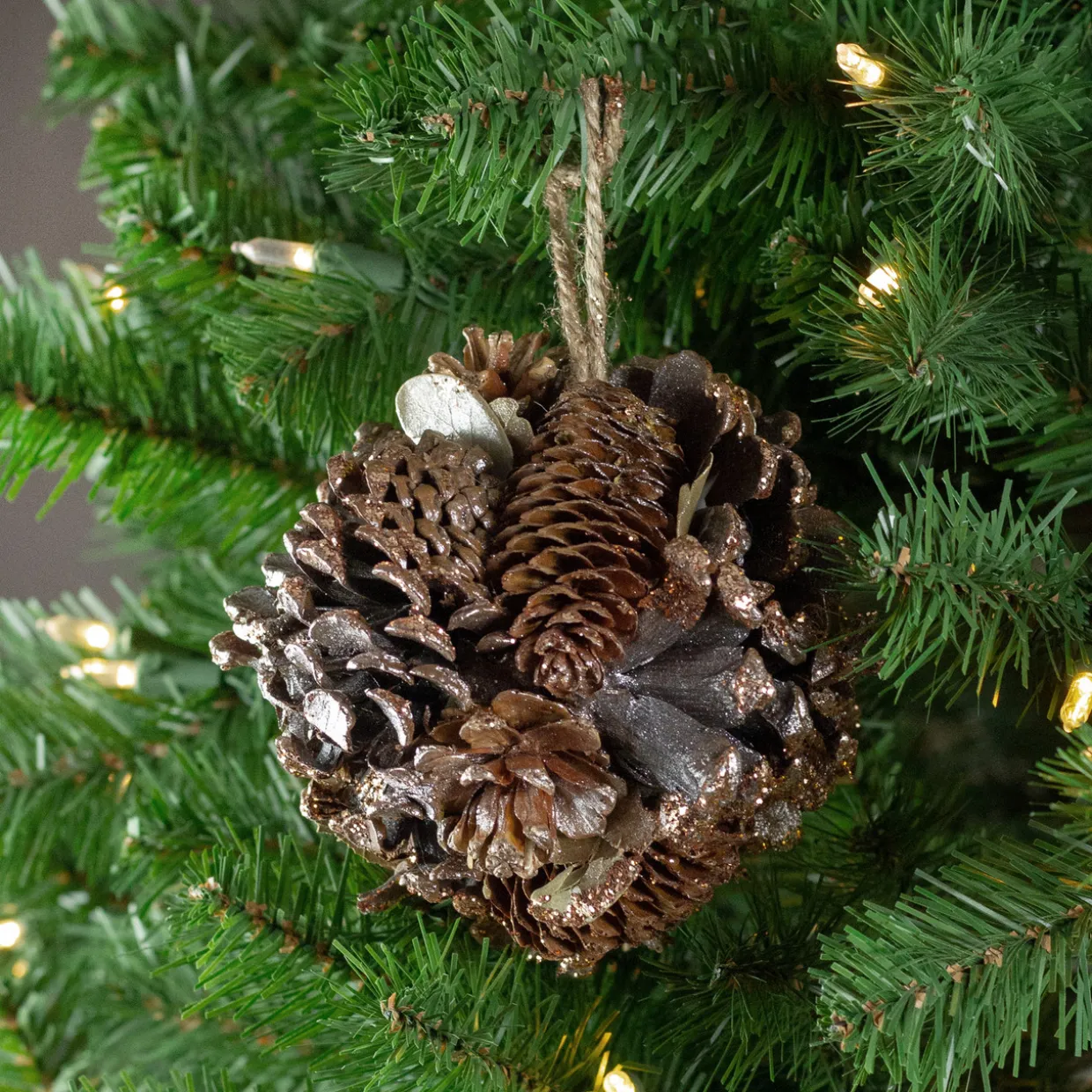 5" Glittery Copper Round Pine Cone and Leaves Hanging Christmas Ornament