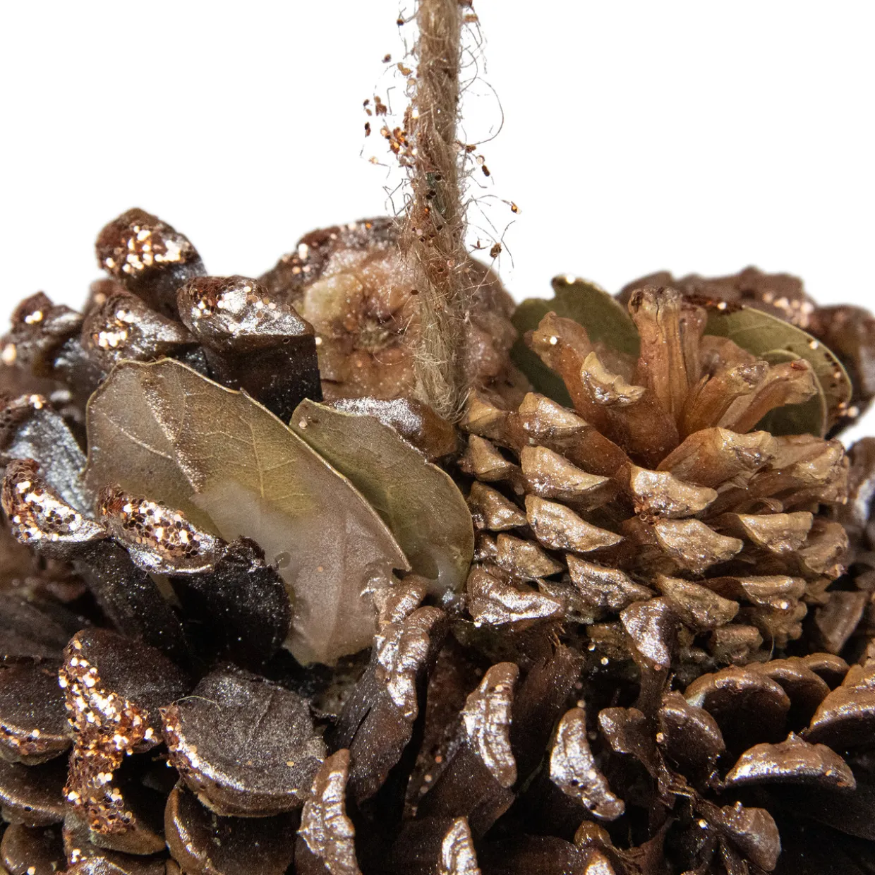 5" Glittery Copper Round Pine Cone and Leaves Hanging Christmas Ornament