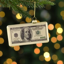 4.5" Gold 100 Dollar Bill Glass Christmas Ornament