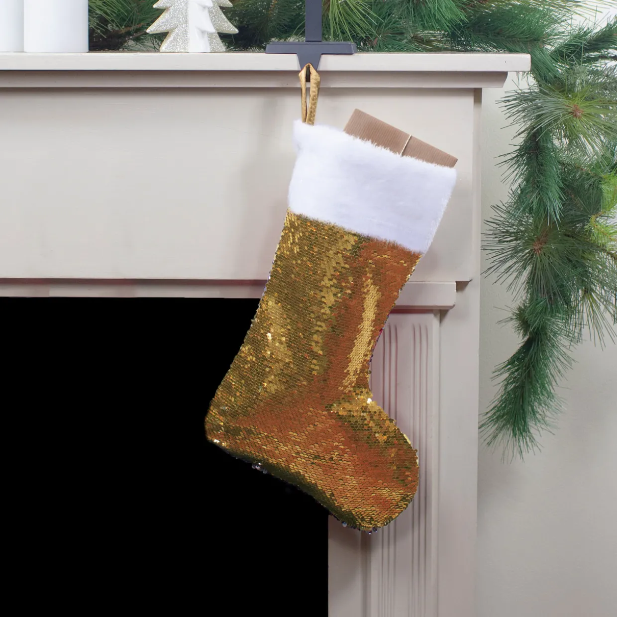 19" Gold and Silver Sequin Christmas Stocking With White Faux Fur Cuff