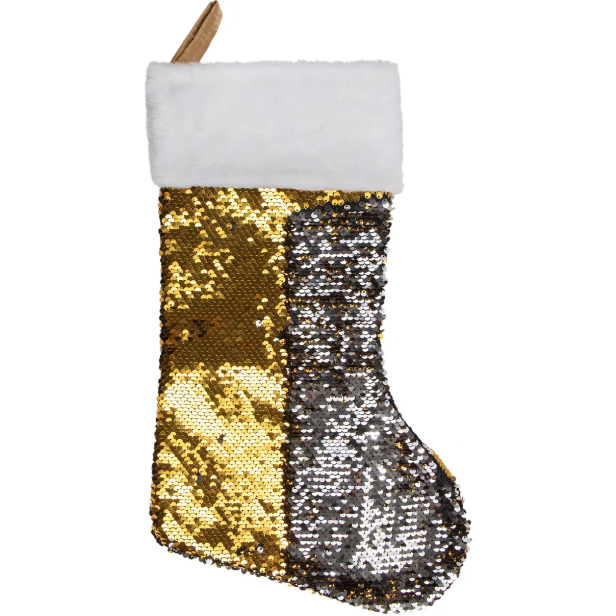 19" Gold and Silver Sequin Christmas Stocking With White Faux Fur Cuff