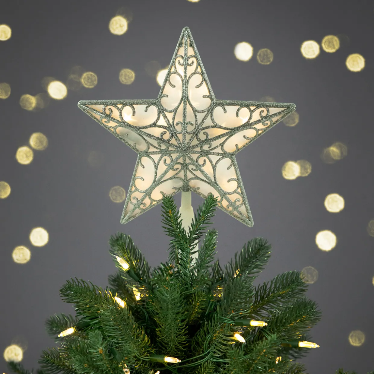 9" Gold and White Glittered Star LED Christmas Tree Topper - Warm White Lights