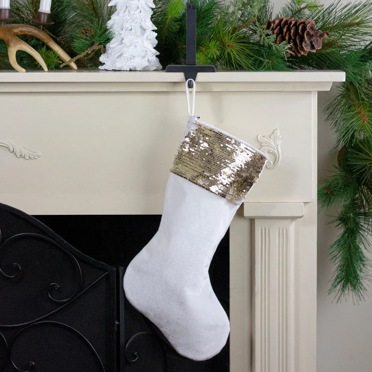 20" Gold and White Reversible Sequin Cuff Christmas Stocking