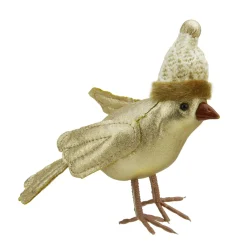 5" Gold Bird Wearing Knitted Winter Hat Christmas Ornament