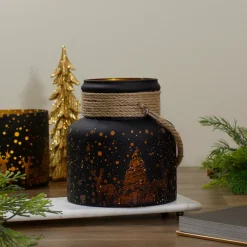 8" Gold Deer and Pine Trees Flameless Christmas Glass Candle Lantern