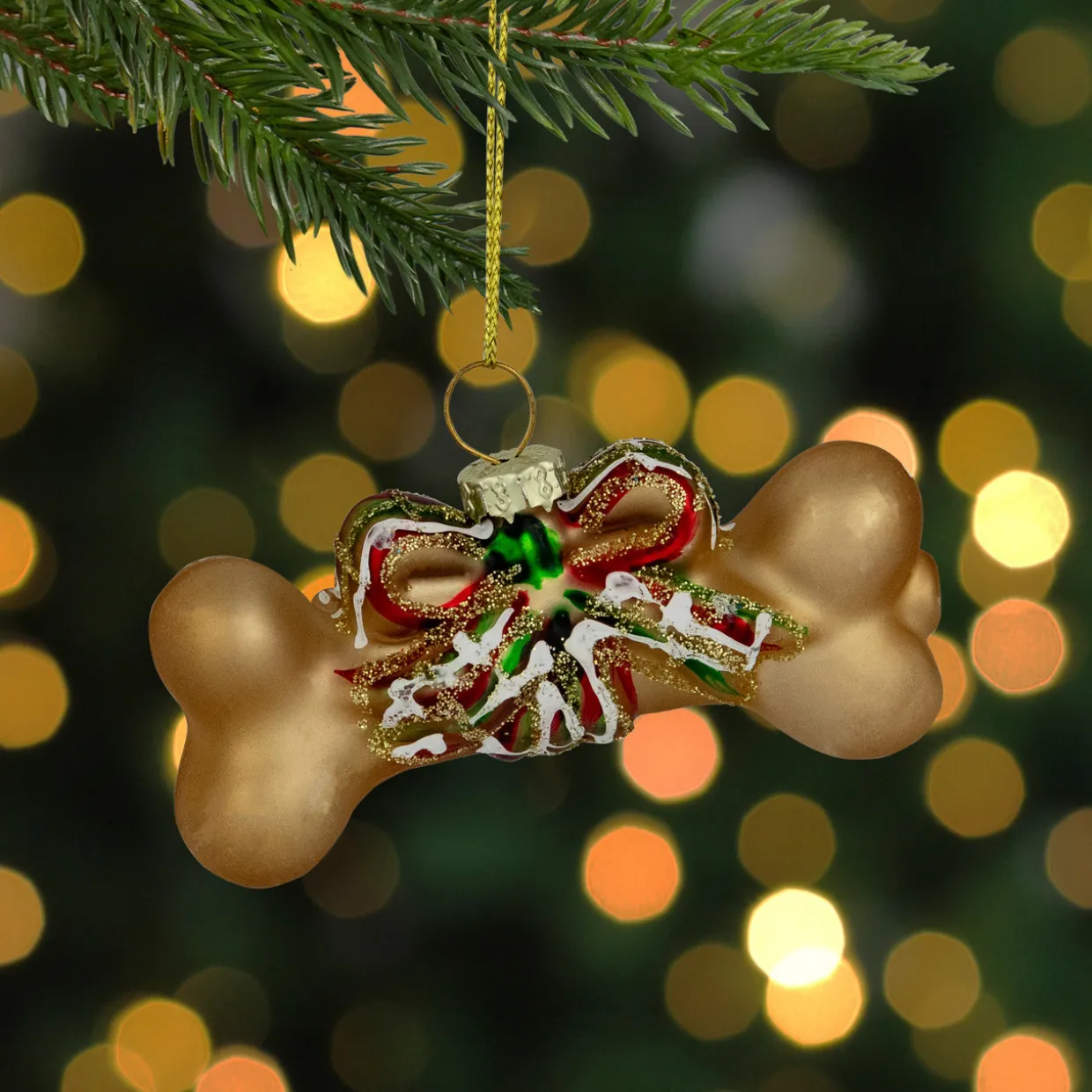 3.25" Gold Dog Bone with Bow Glass Christmas Ornament