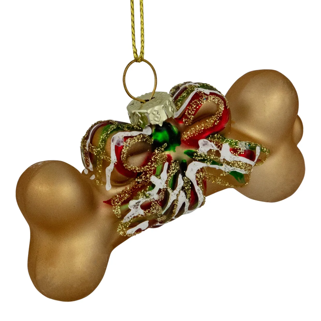3.25" Gold Dog Bone with Bow Glass Christmas Ornament