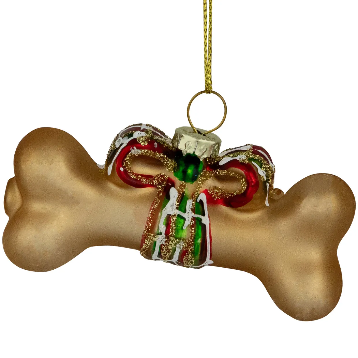 3.25" Gold Dog Bone with Bow Glass Christmas Ornament