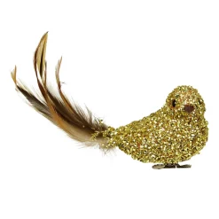 6.5" Gold Sequined Bird with Feather Tail Christmas Ornament with Clip