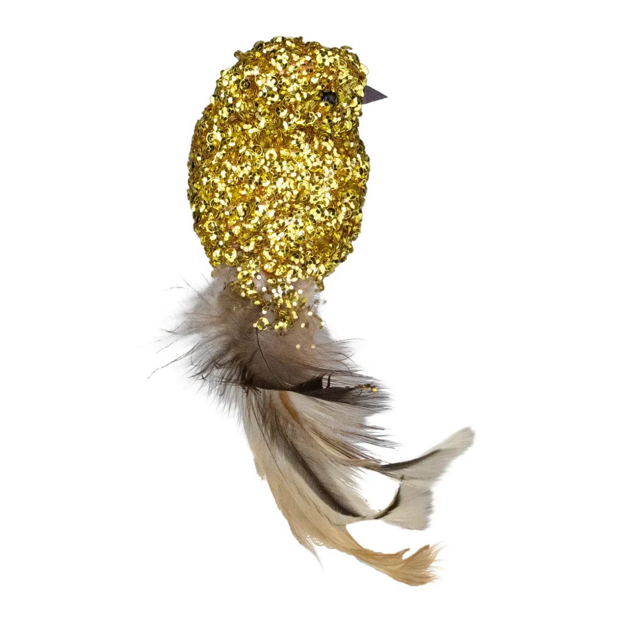 6.5" Gold Sequined Bird with Feather Tail Christmas Ornament with Clip