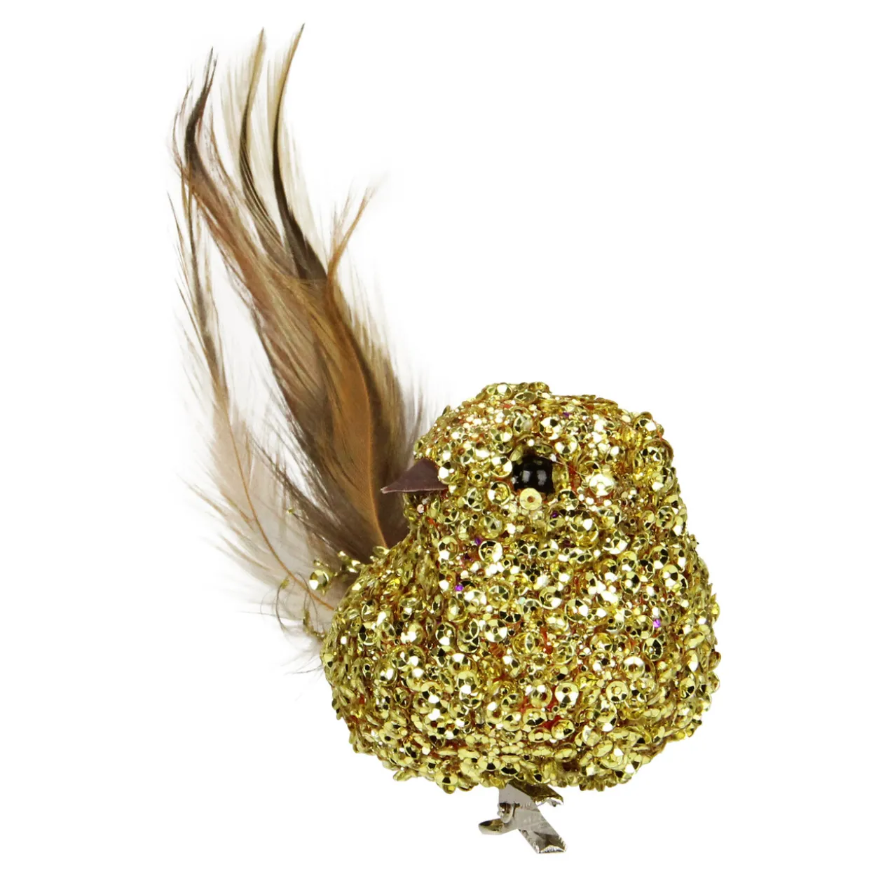 6.5" Gold Sequined Bird with Feather Tail Christmas Ornament with Clip