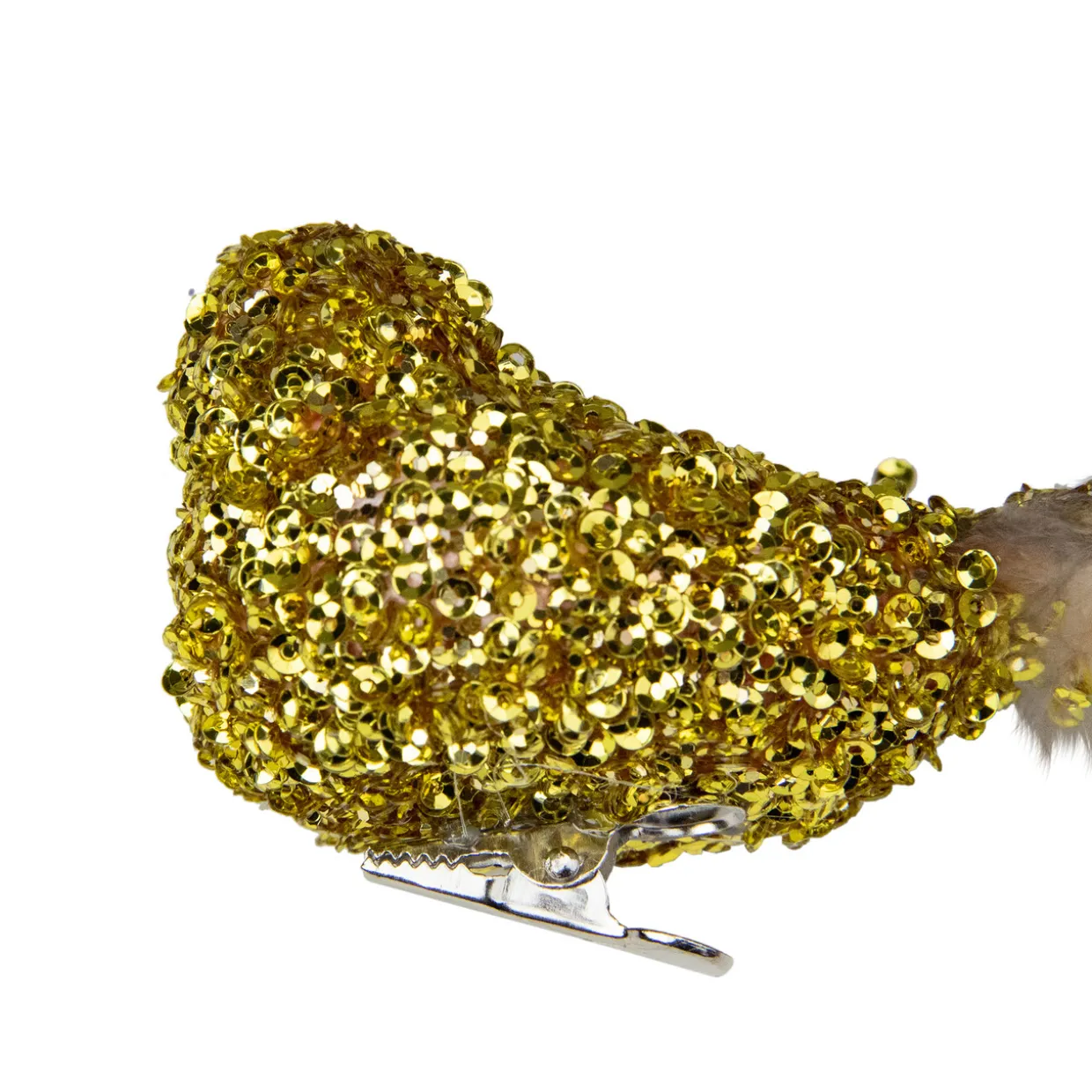 6.5" Gold Sequined Bird with Feather Tail Christmas Ornament with Clip