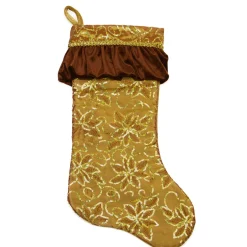 19" Gold Sequined Floral Venetian Style Ruffle Cuff Christmas Stocking