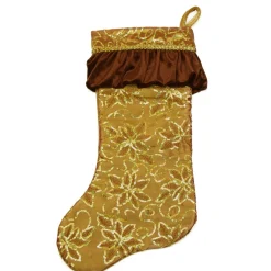 19" Gold Sequined Floral Venetian Style Ruffle Cuff Christmas Stocking
