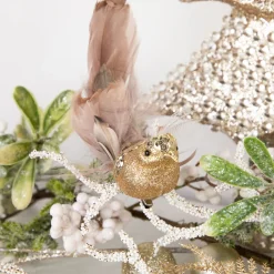6" Gold Sequins and Glitter Bird with Clip and Feathers Christmas Ornament